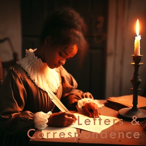 African American woman in early 19th century clothing sits at a desk writing a letter.